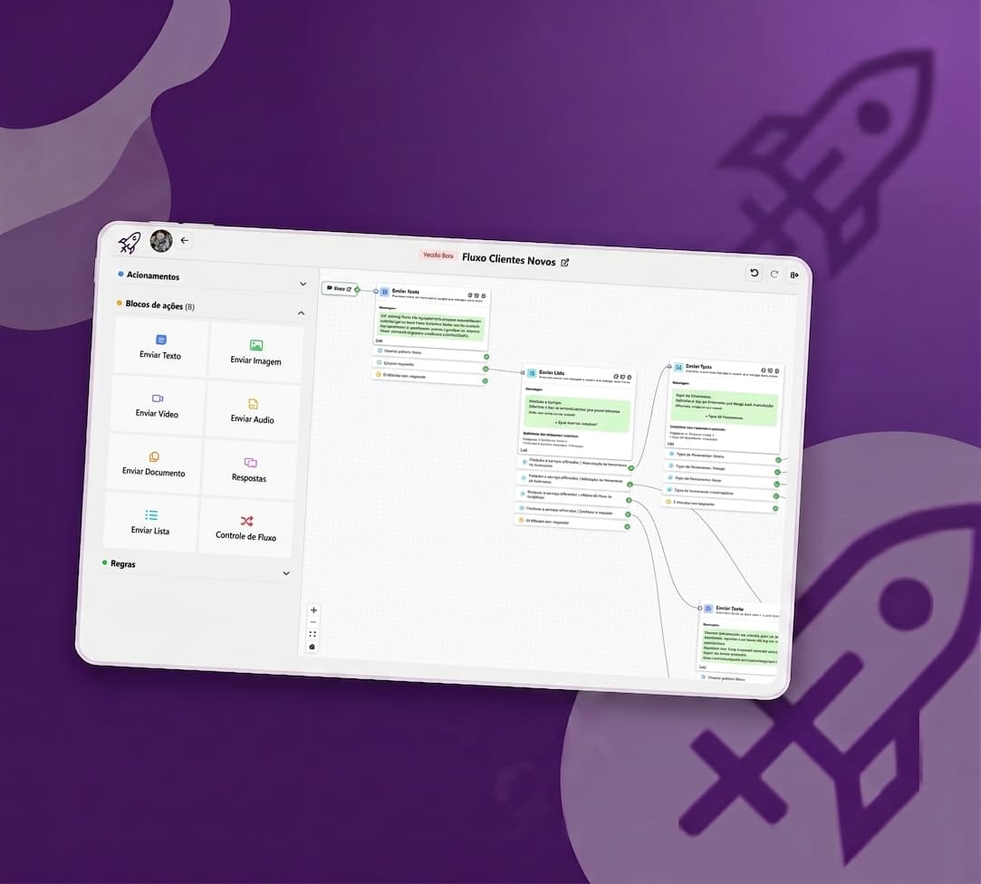 Editor visual de fluxo de chatbot da VENDE +