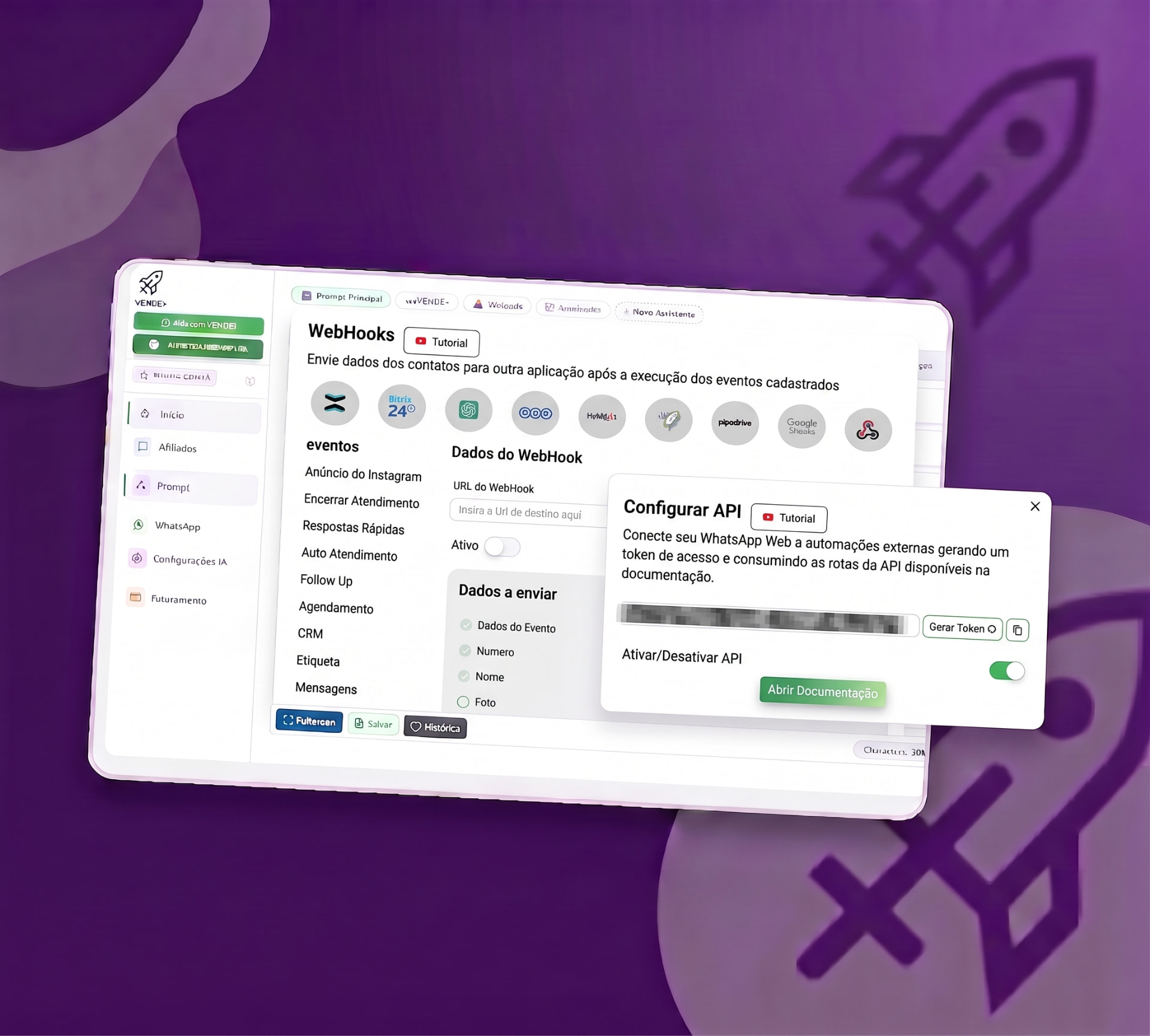 Integração da VENDE + com outros sistemas via API e webhook