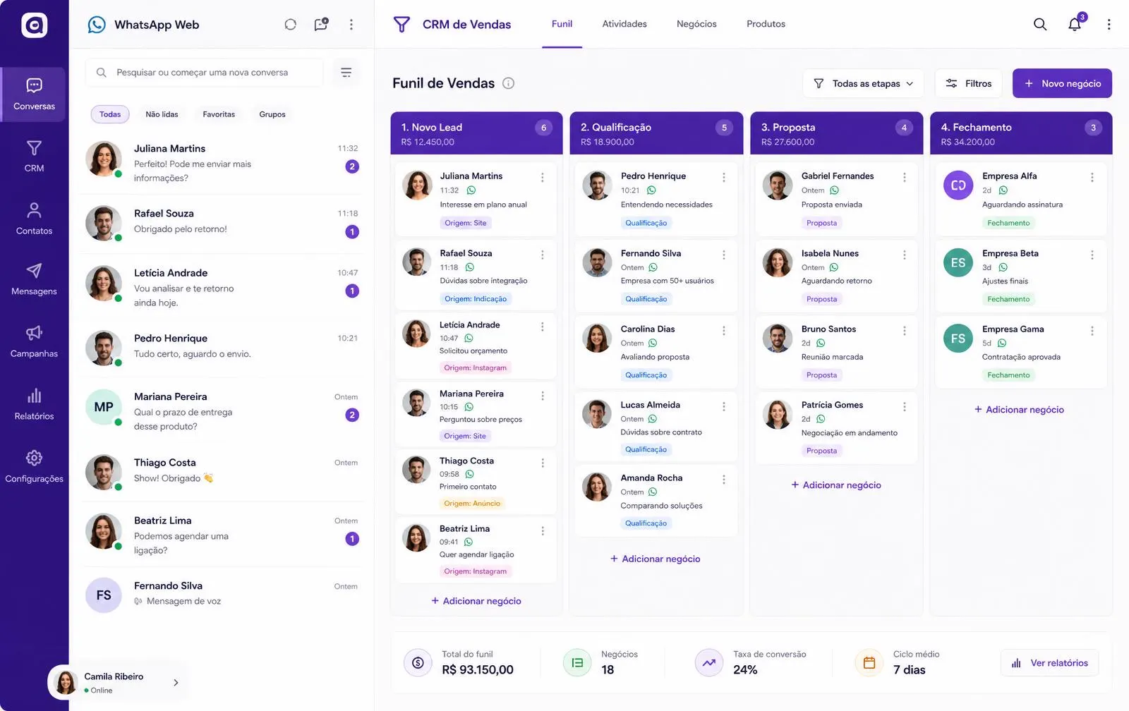 VENDE + rodando no WhatsApp Web com o CRM Kanban de vendas